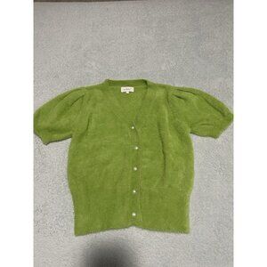 Bohme Green Fuzzy Short Sleeve Cardigan Pearl Buttons Small S